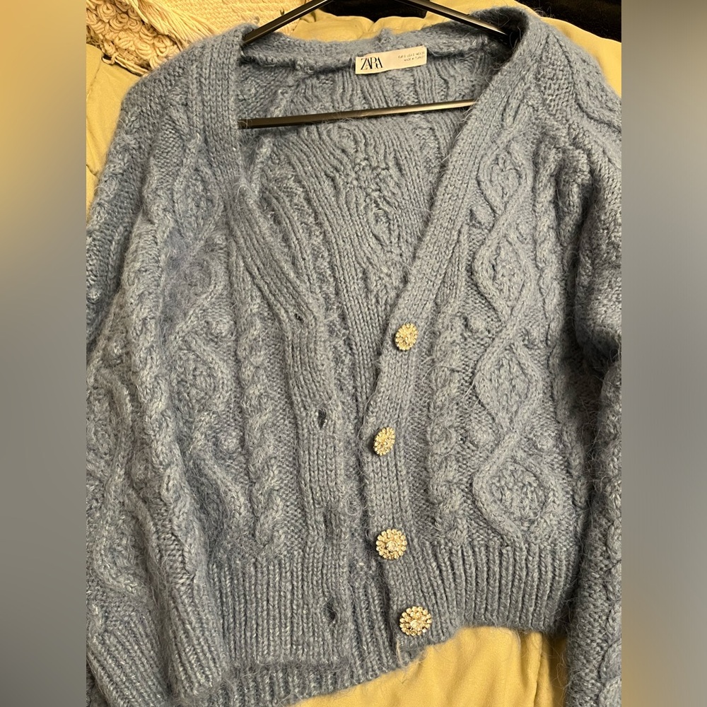 Beautiful blue Zara sweater with jewel buttons